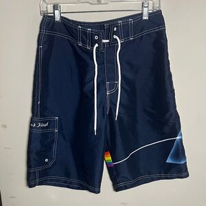 Pink Floyd 2005 y2k Men's Navy Swim Shorts with Rainbow Detail